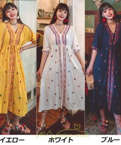 マキシ | ワンピース レディース コットン リゾート かわいい 五分袖 Ｖネック 花柄 上品 ロング丈 ファッション エスニック風 体型カバー お呼ばれ 二次会 民族風 披露宴