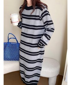 ニットワンピース | ワンピース 秋冬 ロングワンピース ミモレ丈 ボーダー ゆったり 体型カバー 柔らか 大人 長袖 ニット 50代 20代30代 アウター セーター