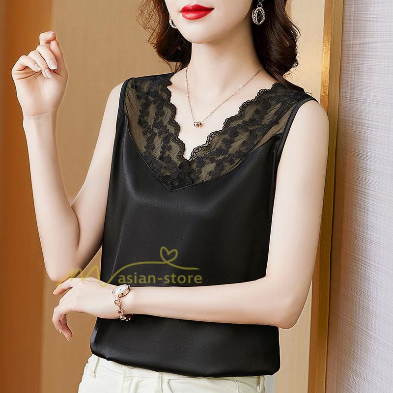 キャミソール タンクトップ | トップス タンクトップ レディース ノースリーブ Vネック Vネックタンク 20代30代40代50代 ママ 母 インナー カジュアル お出かけ カシュクール レース付き