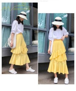 スカート | Aライン フレア裾 不規則アシンメトリー シフォン 韓国風 ティアード フリーサイズ 2020夏コーデ プリーツフレア ウエストゴム ハイウエスト