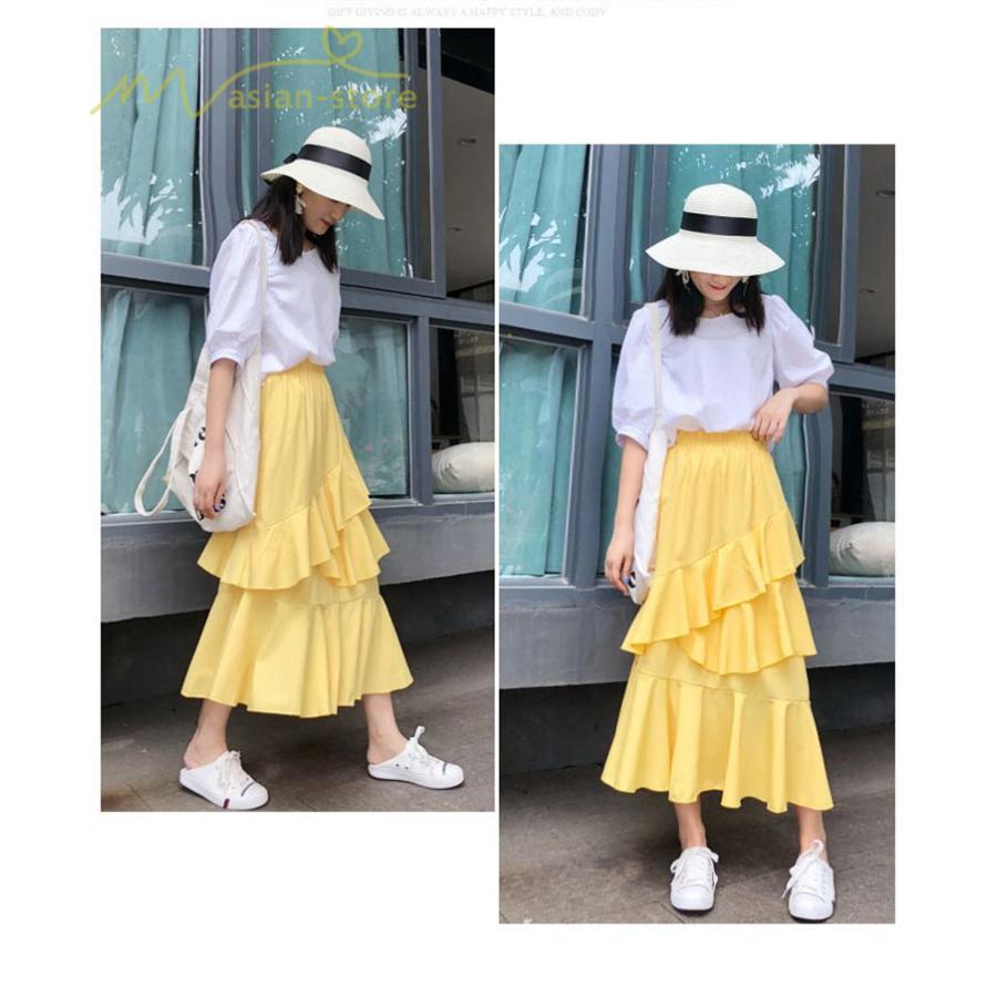 スカート | Aライン フレア裾 不規則アシンメトリー シフォン 韓国風 ティアード フリーサイズ 2020夏コーデ プリーツフレア ウエストゴム ハイウエスト