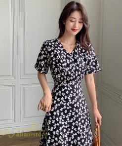 ミディアム | ワンピース レディース 着痩せ 花柄 半袖 大きいサイズ 上品 Aラインワンピース ゆったり Vネック ハイウエスト ミディアム丈 お出かけ 通勤 ひざ丈 通学