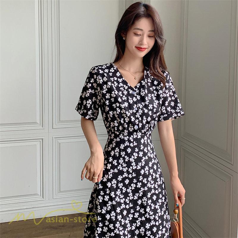 ミディアム | ワンピース レディース 着痩せ 花柄 半袖 大きいサイズ 上品 Aラインワンピース ゆったり Vネック ハイウエスト ミディアム丈 お出かけ 通勤 ひざ丈 通学