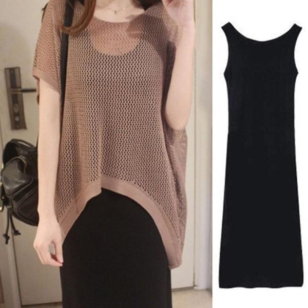 セットアップ | キャミソワンピース トップス レディース ニット キャミソールワンピース 着痩せ 2点セット 体型カバー 可愛い 春夏 黒 通学通勤 無地 2色