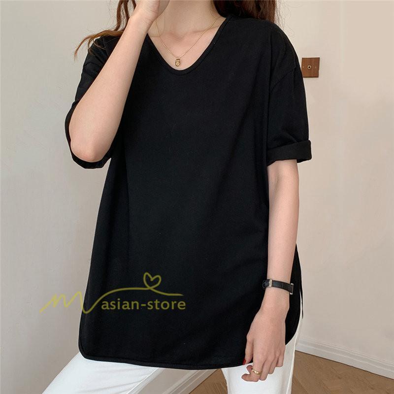 tシャツ・カットソー | Tシャツ ティーシャツ トップス カットソー レディース 春 夏 半袖 無地 綿 スリット 20代30代40代50代 お出かけ 体型カバー 通勤通学 着回し カジュアル 上品