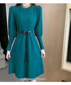 ミディアム | ワンピース 無地 きれいめ 30代 40代 50代 着やせ 上品 大きいサイズ ミモレ丈 長袖 春夏秋冬 丸首 ミモレ丈 ひざ丈 長袖 パフスリーブ