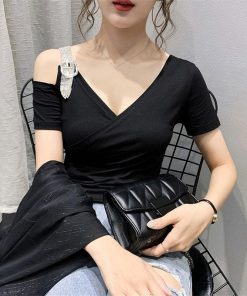 Tシャツ・カットソー | Tシャツ 肩だし クロスVネック コットン トップス 半袖 ヒョウ柄 無地 レディース スタイリッシュ 個性的 エレガント セクシー 着痩せ 気質 フェミニン