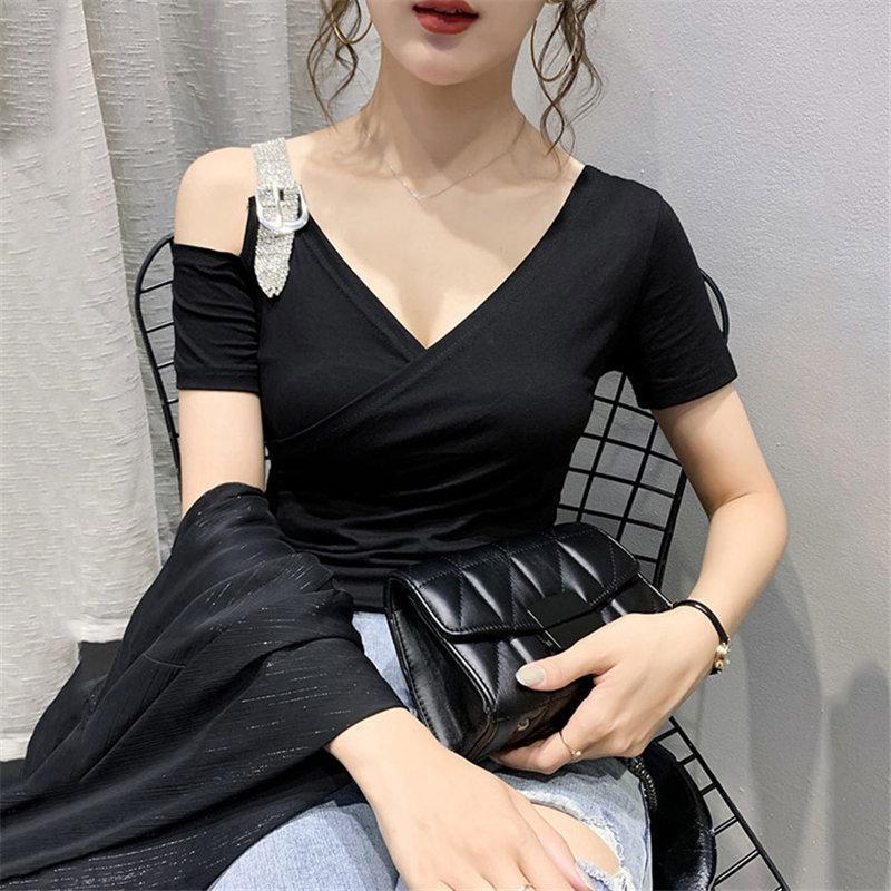 Tシャツ・カットソー | Tシャツ 肩だし クロスVネック コットン トップス 半袖 ヒョウ柄 無地 レディース スタイリッシュ 個性的 エレガント セクシー 着痩せ 気質 フェミニン