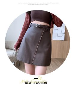 スカート | レザーボトムス ミニAライン 秋冬 レディース 革通勤 着痩せ フェイクレザー インナーパンツ付き ベルト付き ジッパー