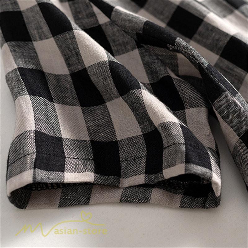 送料無料SALE | チェックワンピース 半袖ワンピース 夏ワンピース シャツワンピース ロングシャツ 膝上丈 麻 羽織り 前開き ポケット 30代40代 可愛い スリム 女の子