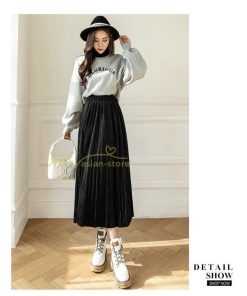 スカート | プリーツロングミモレ丈 ビロードAラインウエストゴム ハイウエスト 秋冬 無地 ゆったり 通学通勤 大人
