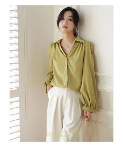 シャツ・ブラウス | ブラウス レディース シャツ トップス Vネック 長袖シャツ 無地 オフィス カジュアル おしゃれ 秋 冬 コーデ 高級感 シフォン エレガント 緑 白 通勤