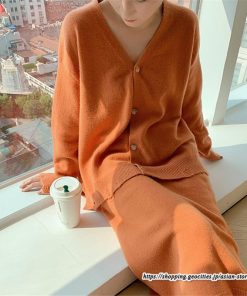 セットアップ | ニットレディース ニットカーディガン ニットスカート ウエストゴム 羽織りニット ダメージ加工 秋冬 長袖 ミモレ丈 無地