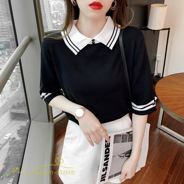 tシャツ・カットソー | レディース トップス Tシャツ 着痩せ ニット きれいめ 女性着 ポロ 着回し 学院風 5分袖 可愛い 配色切替 上品 サマー風 20代 アウトドア 夏コーデ 新作 人気