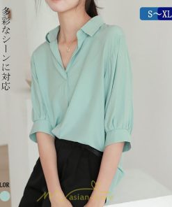 シャツ・ブラウス | レディース シャツ ブラウス 夏コーデ 上品 Vネック 華奢見え 着痩せ オフィス 七分袖 白 ライトグリーン 無地 ビジネス リクルート 日常 おしゃれ 事務服