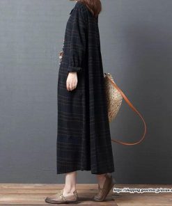 マキシ | チェック柄ワンピースリネン風 シャツワンピース 30代レディース秋物長袖 綿麻風 ゆったり ゆるシルエット 大人 チェック柄 可愛い 通学通勤 ロングシャツ