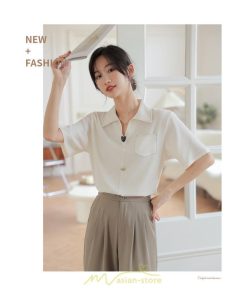シャツ・ブラウス | ブラウス シャツ 夏 半袖 レディース 白 緑 無地 Vネック 開襟 胸ポケット 通気性 シンプル フランス風 女性 オフィス エレガント 上品 着痩せ 通勤 華奢見え OL