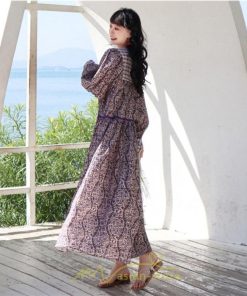 マキシ | ワンピース 長袖 春夏秋 レディース きれいめ ロング丈 カシュクール リゾート 花柄 体型カバー 着痩せ ゆったり エスニック レトロ 海 ビーチ リゾート 旅行