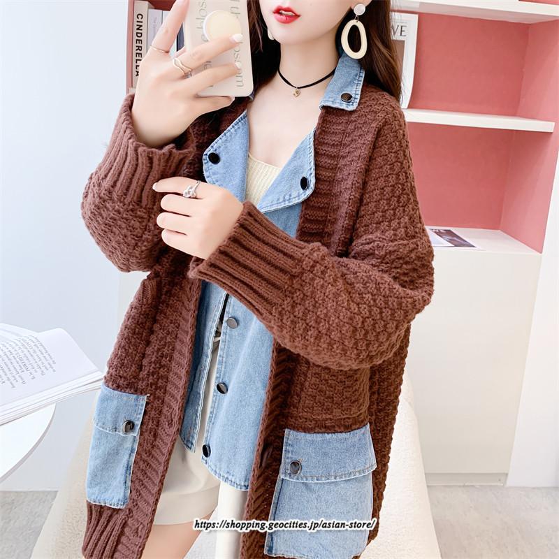 コート・ジャケット | ジャケット レディース 長袖 トップス ニット ニットカーディガン 切り替え デニム アウター 配色 デザイン おしゃれ 冬 カジュアル 2022 秋 カーディガン