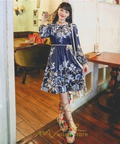 ミニ丈 | ワンピース ひざ丈 膝上 着映え 着痩せ 長袖 ゆったり 大人っぽ 普段使い 旅行 部屋着 お出かけ ベージュ 青 かわいい きれいめ 花柄 SNS映え リゾート レトロ風