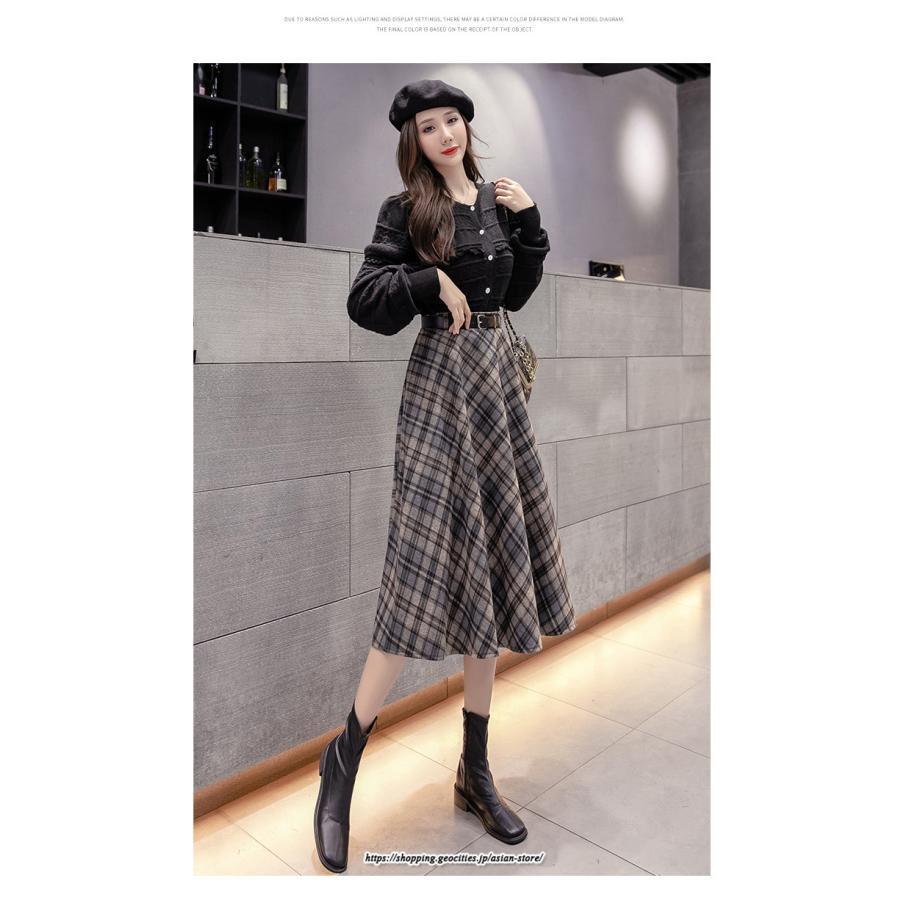 スカート | ロングミモレ レディース フレア Aライン ハイウエスト おしゃれ ゆったり ひざ下 体型カバー チェック柄 ラシャ ベルト付き 30代 20代 40代