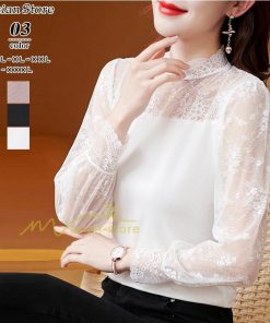 ｔシャツ・カットソー | カットソー レディース 長袖 春 シャツ 異素材 切り替え レース付き 透け感 20代30代40代50代 ハイネック インナー 着痩せ お出かけ カジュアル カシュクール