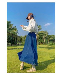 スカート | デニムウエストゴム ロングAライン 無地 ゆったりシルエット 広い裾幅 ハイウエスト Denim 秋冬 秋物 レディース 秋服 デニム