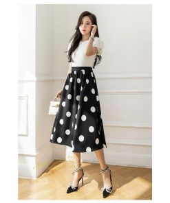 スカート | ロング丈フレアウエストゴム レディース 春夏 体型カバー ドット柄 フェミニン デイリー 通勤通学 着痩せ 着回し カジュアル お出かけ 20代30代40代
