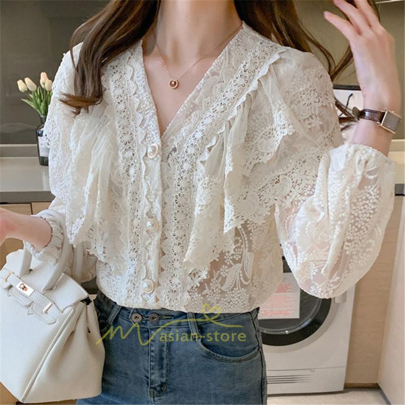 シャツ・ブラウス | ブラウス レディース きれいめ 40代 春秋 オシャレ 長袖 ブラウス レーストップス 夏物 Vネック 20代30代 着痩せ 通勤通学 着回し カジュアル 韓国ファッション