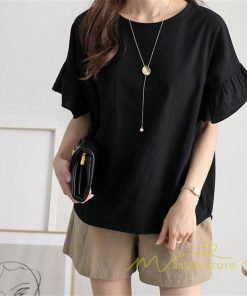 送料無料SALE | Tシャツ レディース 綿麻 ロングｔ 無地 トップス 可愛い フレア袖 ｔシャツ 半袖 ティー 丸ネック 女っぽい シンプル 30代40代 プルオーバー カジュアル 大人