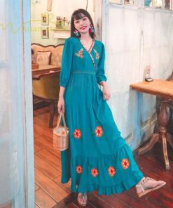 マキシ | ワンピース レディースワンピース 春夏 マキシワンピース ハイウエスト 長袖 二次会 通勤 OL 40代 着痩せ 刺繍 Vネック Aライン カジュアル エスニック 4色