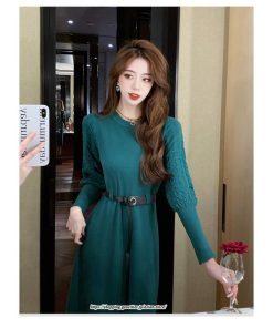 ミディアム | ワンピース 無地 きれいめ 30代 40代 50代 着やせ 上品 大きいサイズ ミモレ丈 長袖 春夏秋冬 丸首 ミモレ丈 ひざ丈 長袖 パフスリーブ