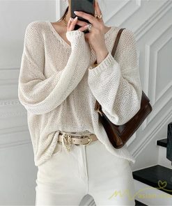 ニット・セーター | ニット サマーニット レディース トップス カットソー ニットソー Vネック 透かし編み 長袖 クルーネック Tシャツ ゆる 薄手 Tシャツ カジュアル リラックス