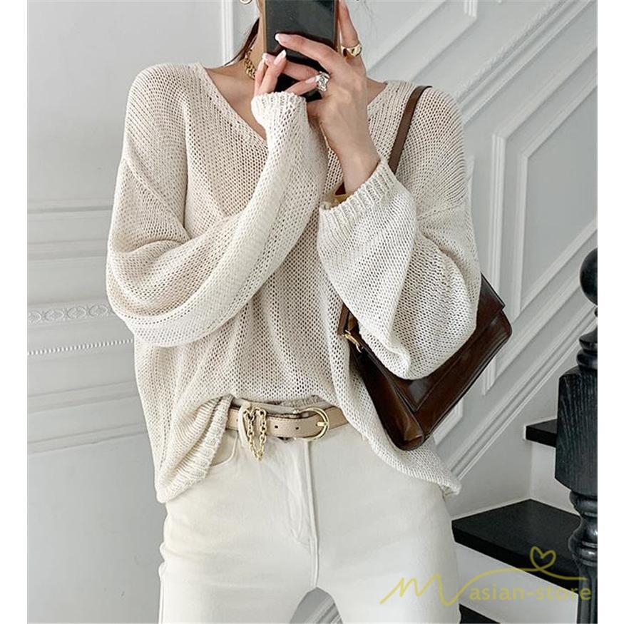 ニット・セーター | ニット サマーニット レディース トップス カットソー ニットソー Vネック 透かし編み 長袖 クルーネック Tシャツ ゆる 薄手 Tシャツ カジュアル リラックス