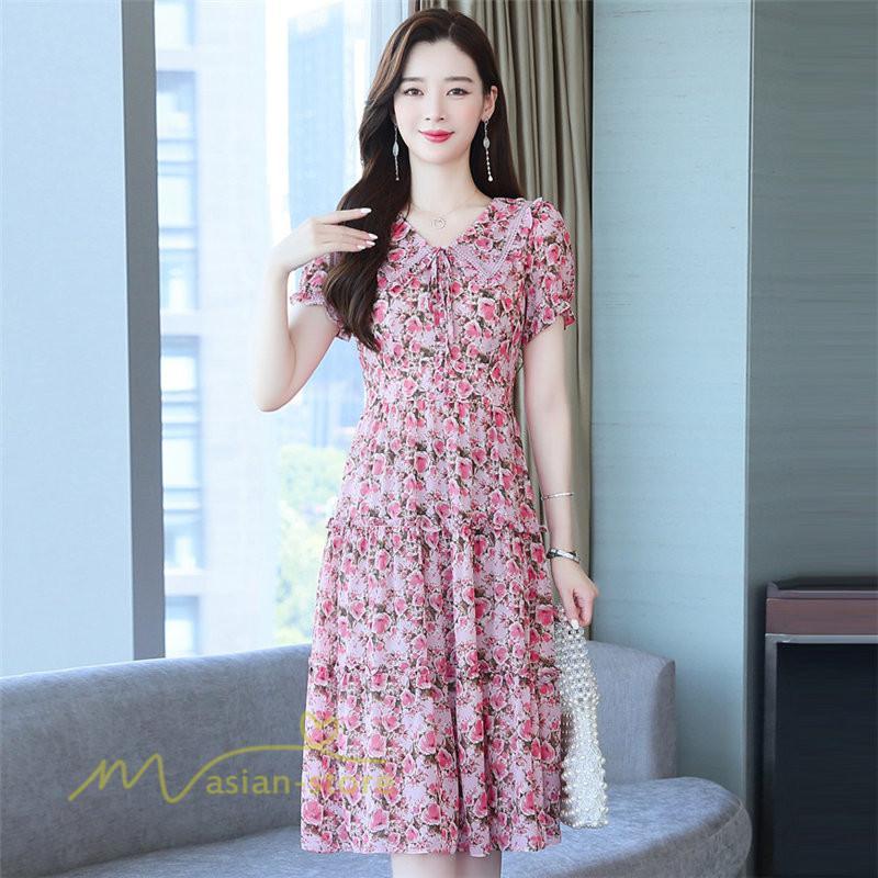 ミディアム | ワンピース レディース Aライン カジュアル Vネック サマー 半袖 ひざ丈 ミディアムワンピース 大きいサイズ 上品 花柄 着痩せ サマーワンピース 夏服