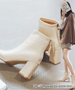 ショートブーツ | レディース 裏起毛あり 裏起毛なし スクエアトゥ ブーツ チャンキーヒール 太ヒール 後ろファスナー ミドルヒール 大人 靴 シューズ 黒ブーツ