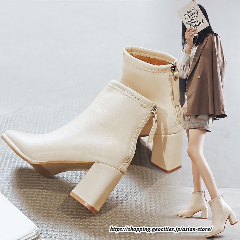 ショートブーツ | レディース 裏起毛あり 裏起毛なし スクエアトゥ ブーツ チャンキーヒール 太ヒール 後ろファスナー ミドルヒール 大人 靴 シューズ 黒ブーツ