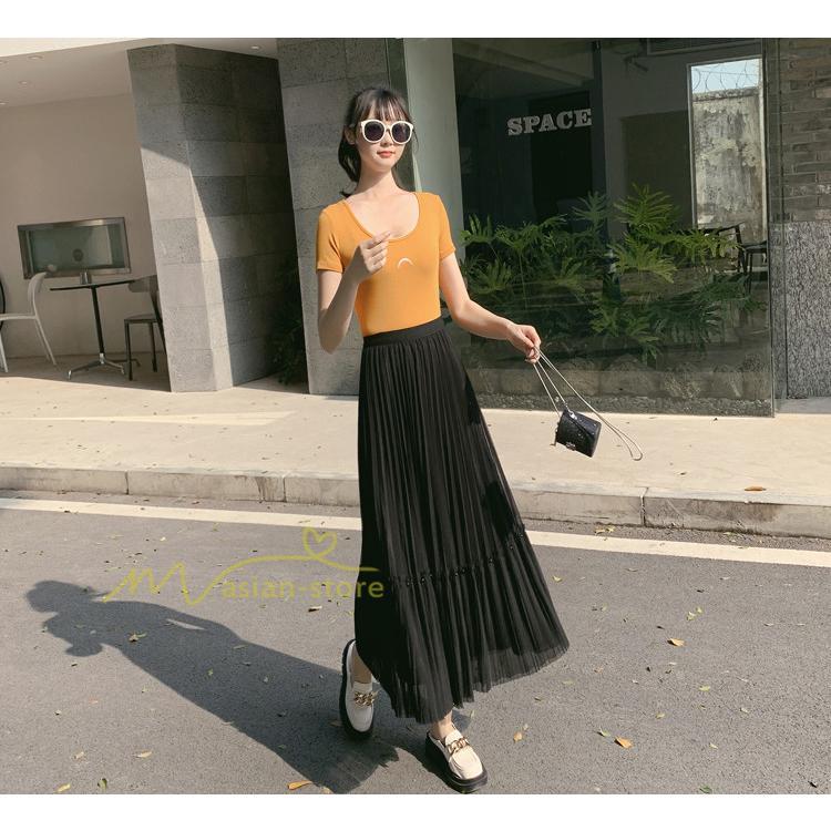 スカート | レディース チュール春夏 コーデ ウエストゴム ロングフレア着痩せ 通勤 マキシ カジュアル 20代30代40代50代 プリーツ