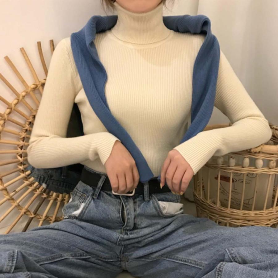 ニット・セーター | リブ ニットトップス タートルネック無地