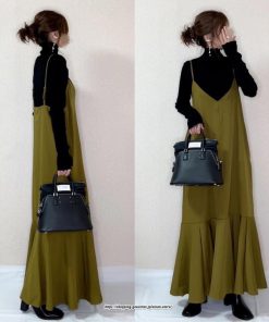 マキシ | ワンピース キャミワンピース レディース 秋 冬 Vネック  マーメイド マキシワンピ ロング デイリー おしゃれ 肩紐調節可 フリル 可愛い