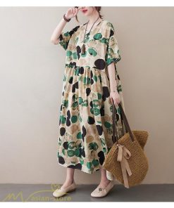 マキシ | Aラインワンピース レディース フリーサイズ 着痩せ プリント 5分袖 クルーネック 麻 綿 リネン 体型カバー ゆったり 薄手 サマーワンピース 夏コーデ