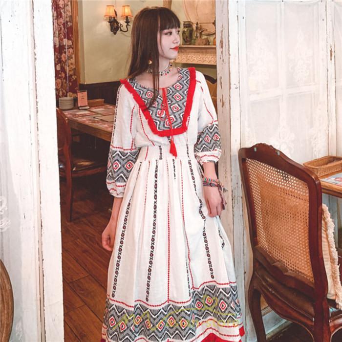 マキシ | ワンピース 夏 レディース リゾート きれいめ 夏ワンピ ファッション エスニック 幾何学柄 ウエストゴム レトロ サマーワンピース ロング 海外旅行 上品 夏服