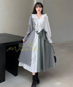 マキシ | ロングワンピース 秋物 レディース ミモレ丈 Aラインワンピース 切り替え フェイク レイヤード風 チェック柄 着やせ お呼ばれワンピース 重ね着風 30代40代