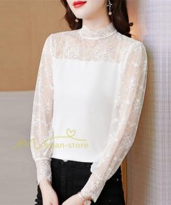 tシャツ・カットソー | カットソー レディース 長袖 春 シャツ 異素材 切り替え レース付き 透け感 20代30代40代50代 ハイネック インナー 着痩せ お出かけ カジュアル カシュクール