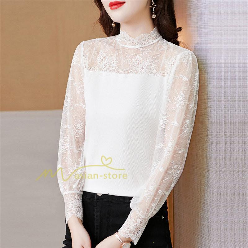 tシャツ・カットソー | カットソー レディース 長袖 春 シャツ 異素材 切り替え レース付き 透け感 20代30代40代50代 ハイネック インナー 着痩せ お出かけ カジュアル カシュクール