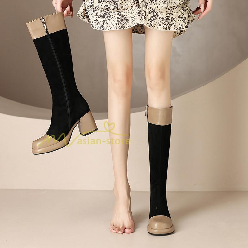ロングブーツ | レディース ブーツ 秋冬 シューズ 靴 太ヒール チャンキーヒール 合皮ブーツ PUブーツ ロング靴 コスプレ COS くつ 大人 サイドファスナー