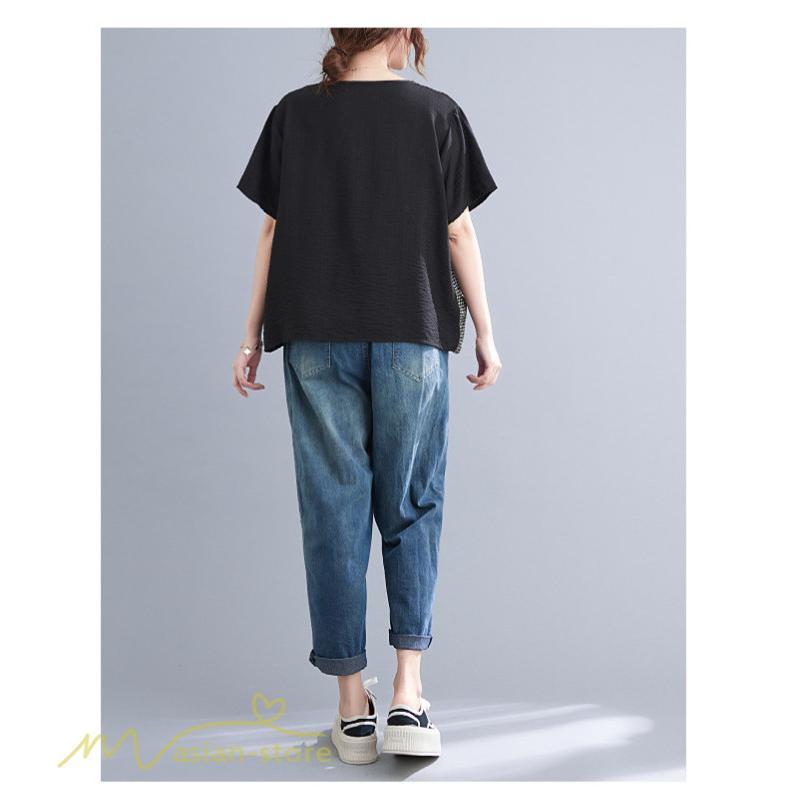 tシャツ・カットソー | tシャツ カットソー レディース 切り替え 女性着 シンプル カジュアル フリーサイズ ゆったり 夏新作 おしゃれ 半袖 チェック柄 黒 半袖tシャツ 丸首 白