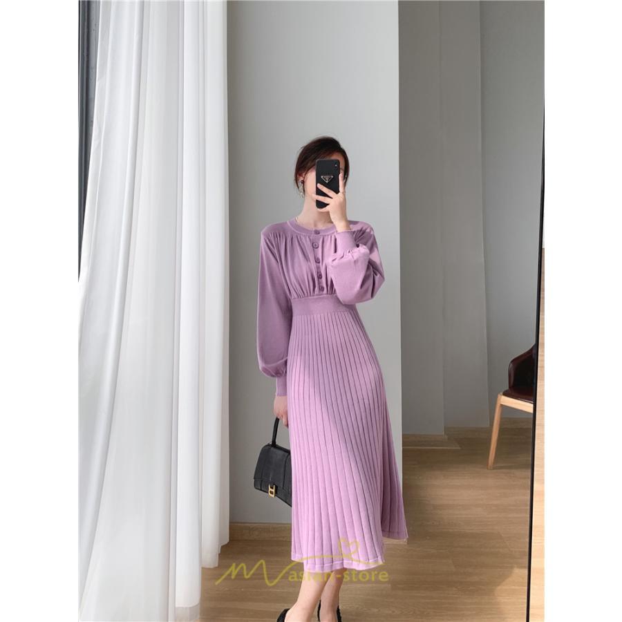 ニットワンピース | レディース 冬 きれいめ ロング おしゃれ 秋冬 長袖 送料無料 着痩せ 無地 通勤 提灯袖 可愛い パフスリーブ 20代30代40代50代