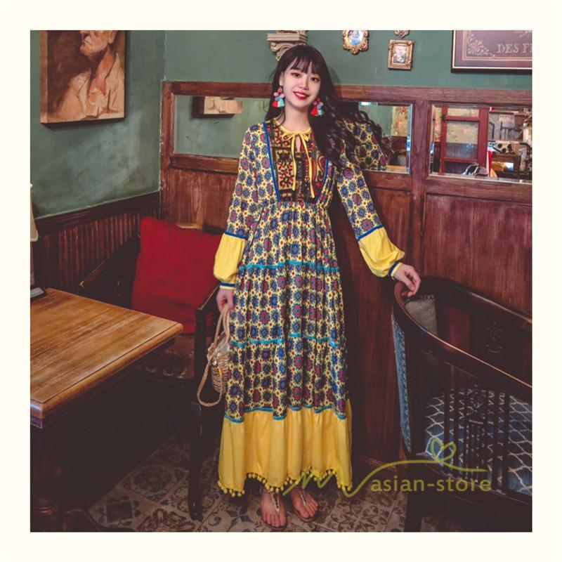 マキシ | ワンピース レディース 春夏 マキシワンピース 長袖ワンピース 綿麻 無地 Aライン フレアワンピース ハイウェスト エスニック ボヘミア風 ロング リゾート