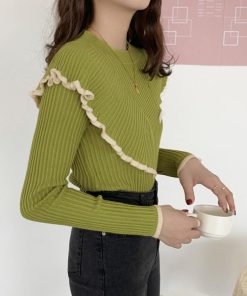 ニット・セーター | 秋冬 スリムフィット フリルトップス長袖 フレア ニットセーター ニットソー リブニットトップス レディース モックネック